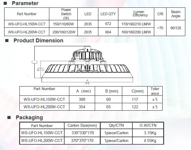 Power Swith CCT Change UFO LED High Bay Light 210lm/W 200W300W 400W 500W 600W High-MID-Low